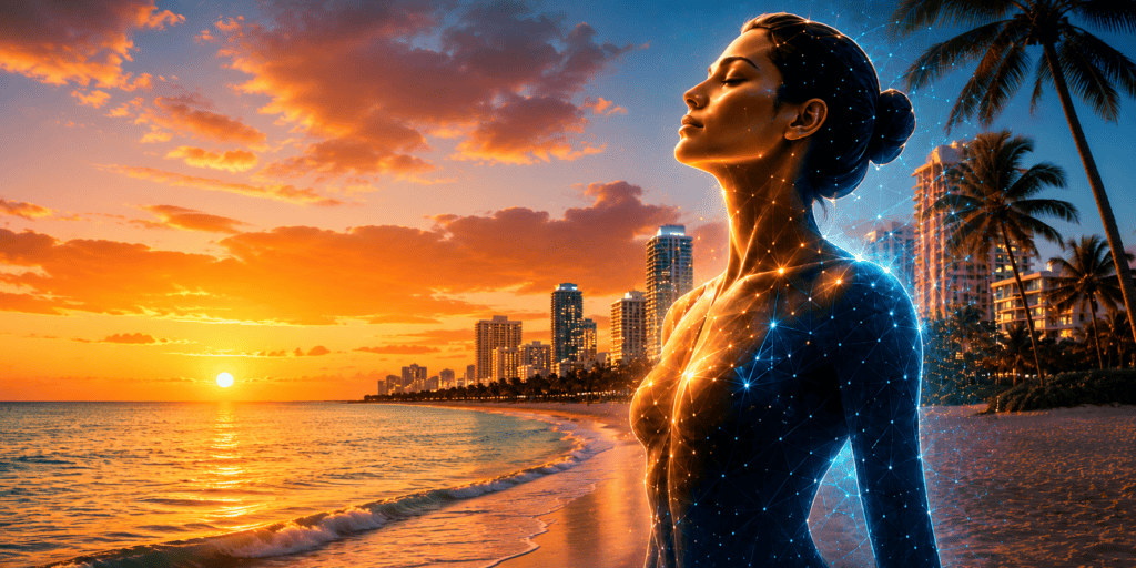 Woman's body with glowing digital network lines against a vibrant sunset beach and city skyline.