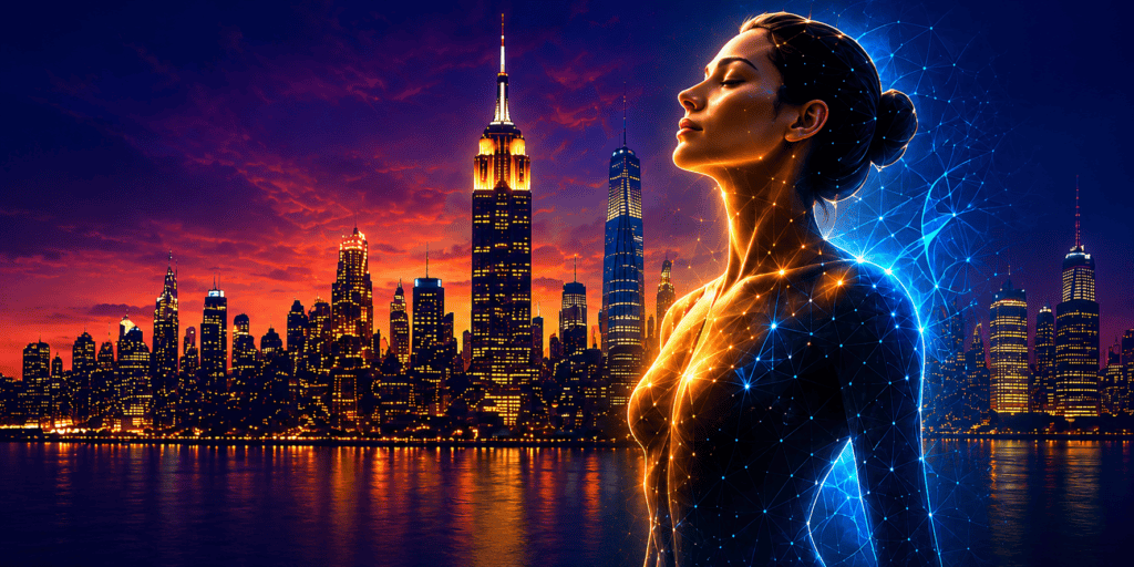 Woman with glowing network lines on her body against a New York City skyline at sunset, reflected in water.