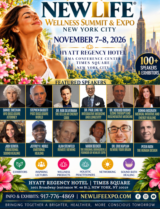 Promotional poster for New Life Wellness Summit & Expo in New York City, November 7-8, 2026, featuring guest speakers.